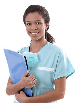 Smiling nurse holding a clipboard and wearing scrubs.