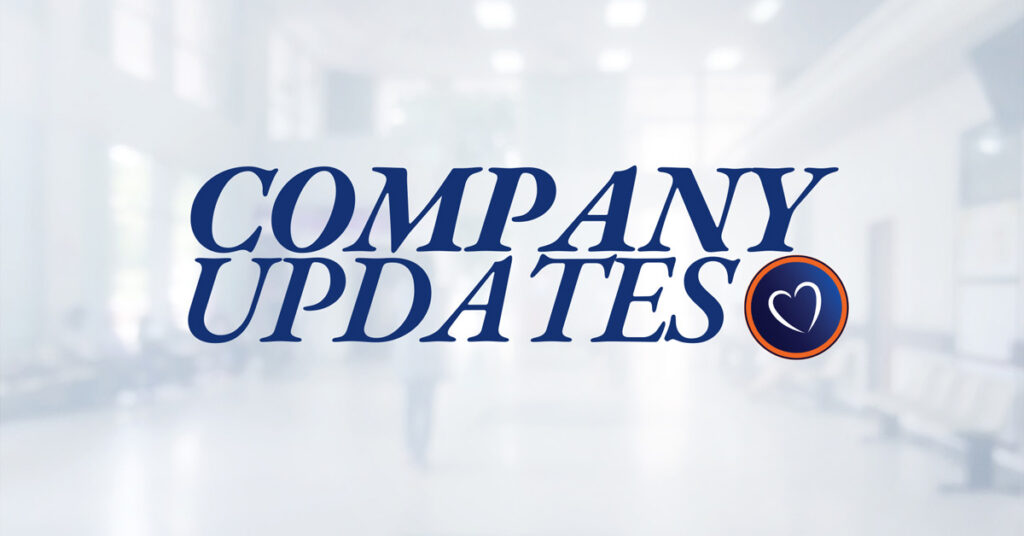 Company updates text over blurred office background.