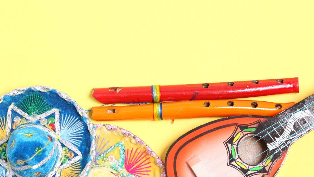 colorful musical instruments on yellow background