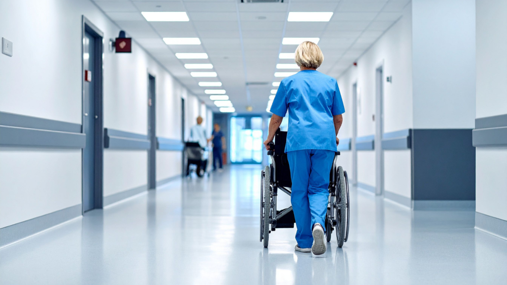 A woman in scrubs pushes a wheelchair in a hospital hallway